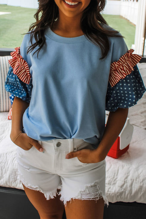 Mixed Star Stripe Print Puff Sleeve Peplum Top