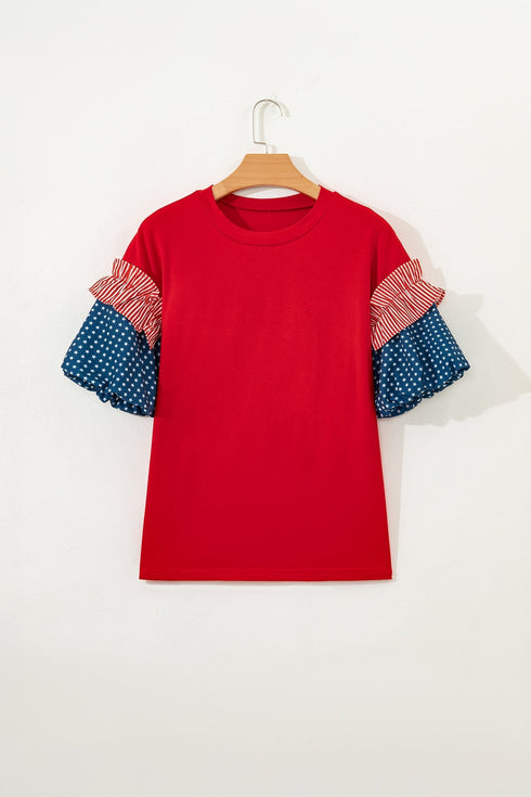 Mixed Star Stripe Print Puff Sleeve Peplum Top