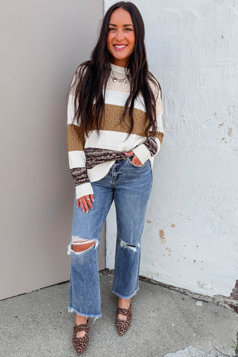 Mixed Stitch Block Stripe Crew Neck Sweater
