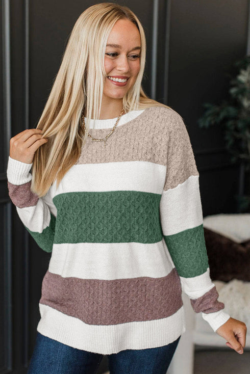 Mixed Stitch Block Stripe Crew Neck Sweater