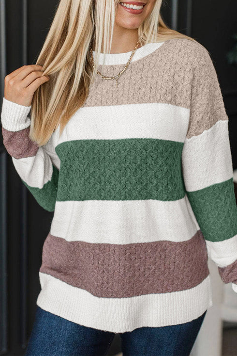 Mixed Stitch Block Stripe Crew Neck Sweater