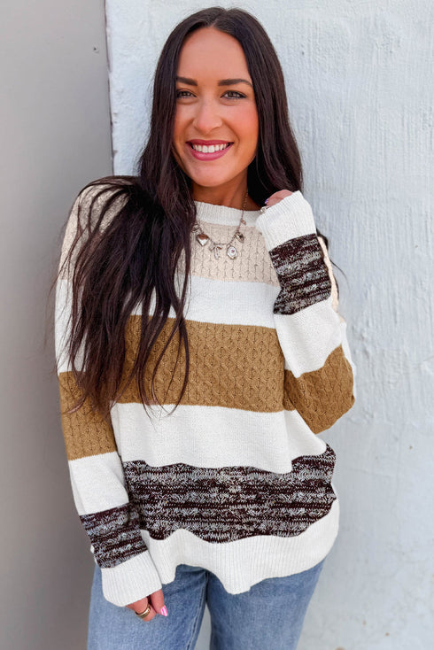 Mixed Stitch Block Stripe Crew Neck Sweater