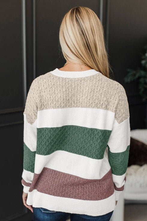 Mixed Stitch Block Stripe Crew Neck Sweater