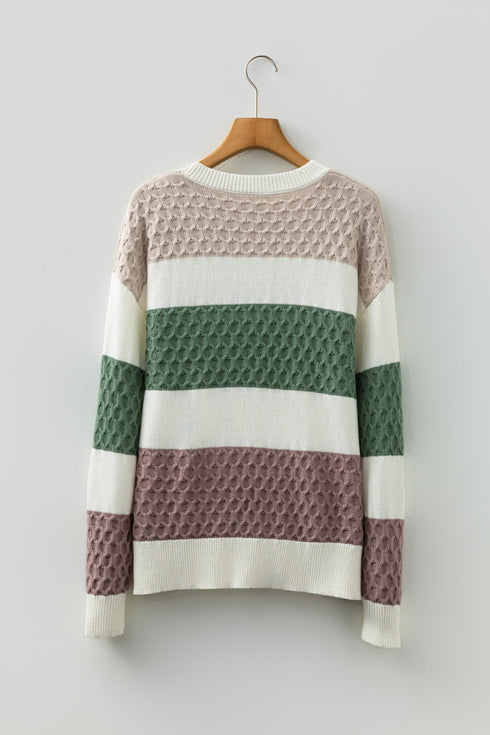 Mixed Stitch Block Stripe Crew Neck Sweater
