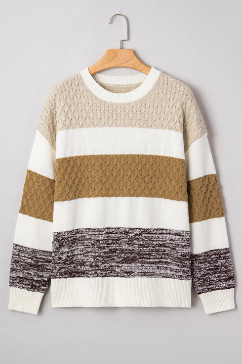 Mixed Stitch Block Stripe Crew Neck Sweater