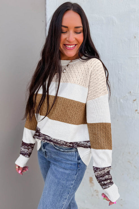 Mixed Stitch Block Stripe Crew Neck Sweater