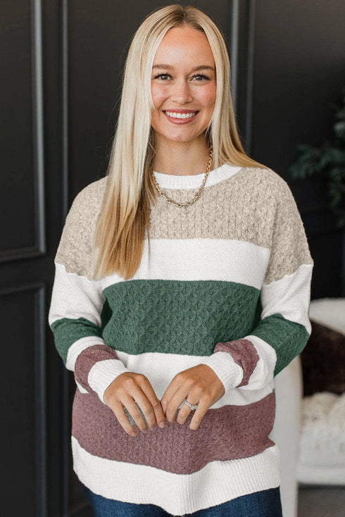 Mixed Stitch Block Stripe Crew Neck Sweater