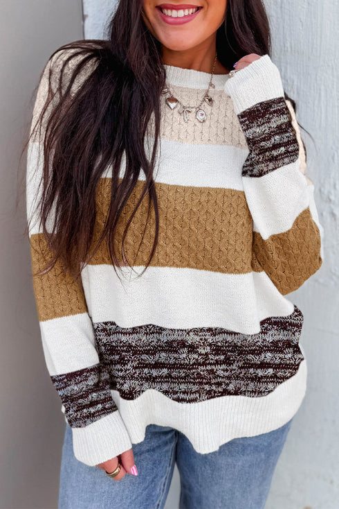Mixed Stitch Block Stripe Crew Neck Sweater