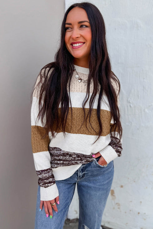 Mixed Stitch Block Stripe Crew Neck Sweater
