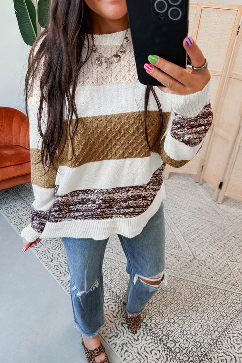 Mixed Stitch Block Stripe Crew Neck Sweater