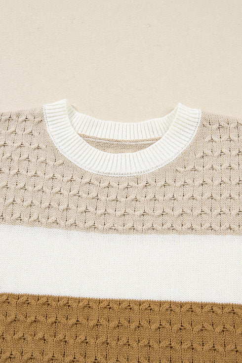 Mixed Stitch Block Stripe Crew Neck Sweater