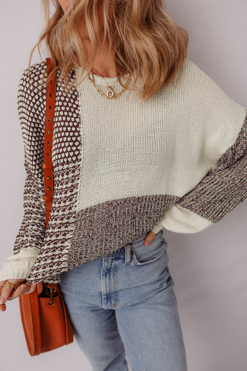 Mixed Stitch Color Block Drop Shoulder Pullover Sweater