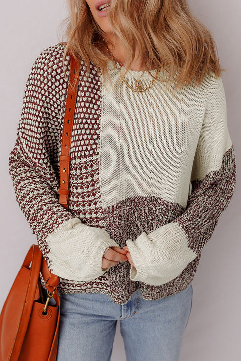 Mixed Stitch Color Block Drop Shoulder Pullover Sweater