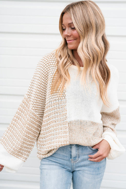 Mixed Stitch Crew Neck Drop Shoulder Sweater