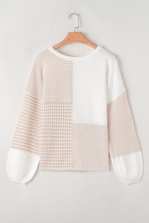 Mixed Stitch Crew Neck Drop Shoulder Sweater
