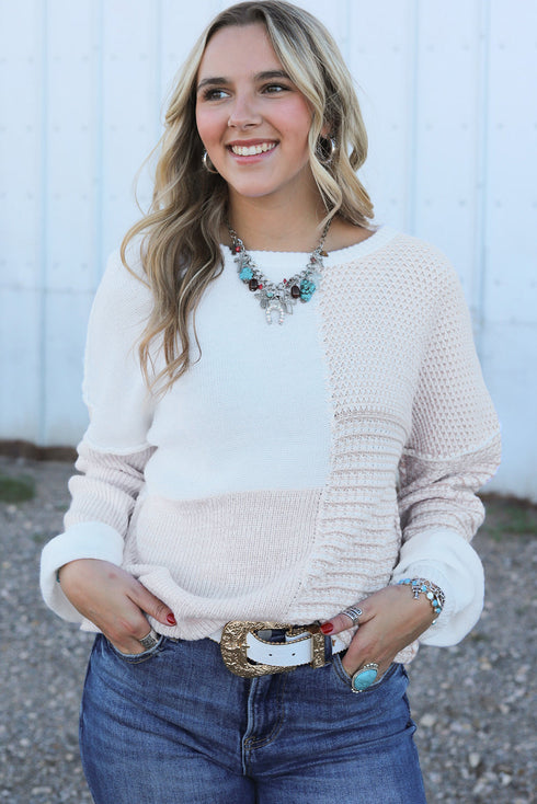 Mixed Stitch Crew Neck Drop Shoulder Sweater