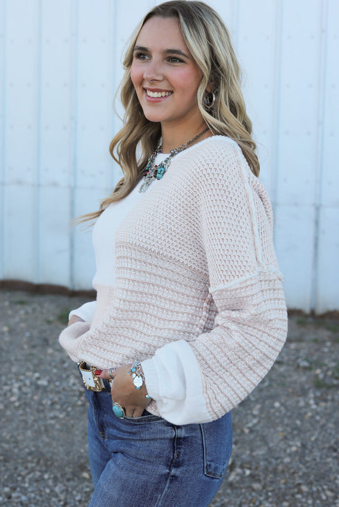 Mixed Stitch Crew Neck Drop Shoulder Sweater