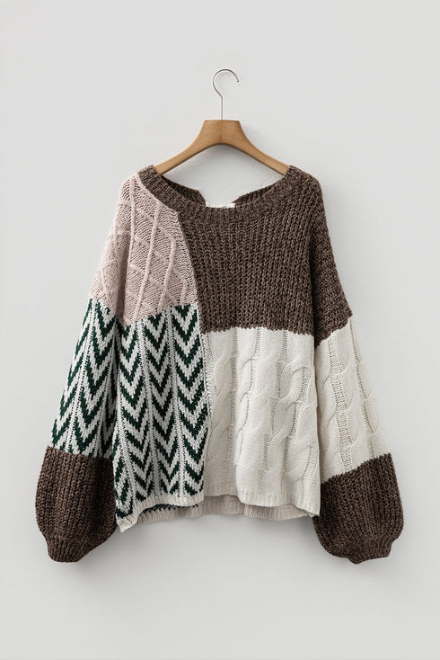 Mixed Stitch Geometric Patchwork Crew Neck Sweater