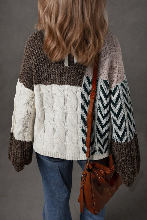 Mixed Stitch Geometric Patchwork Crew Neck Sweater