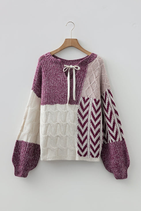 Mixed Stitch Geometric Patchwork Crew Neck Sweater