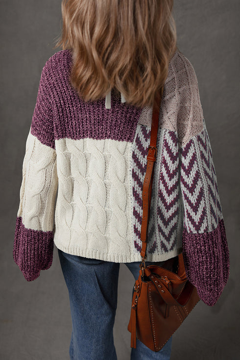 Mixed Stitch Geometric Patchwork Crew Neck Sweater