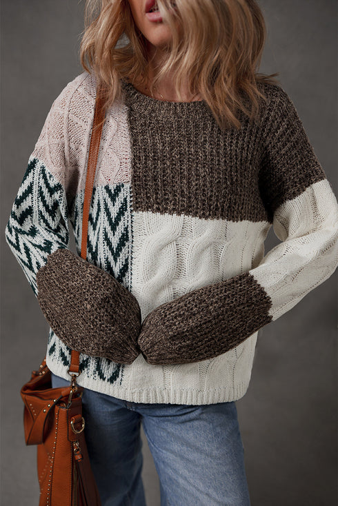 Mixed Stitch Geometric Patchwork Crew Neck Sweater
