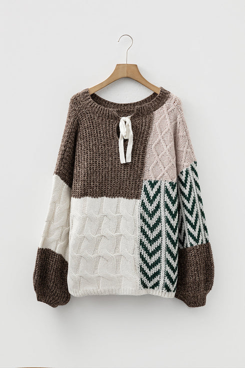 Mixed Stitch Geometric Patchwork Crew Neck Sweater