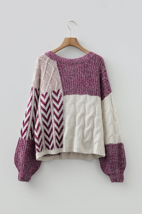 Mixed Stitch Geometric Patchwork Crew Neck Sweater