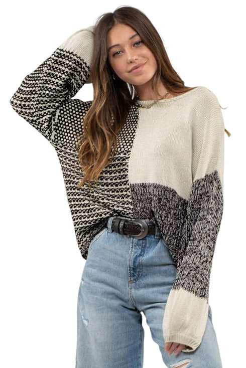 Mixed Stitch Texture Relaxed Fit Pullover Sweater