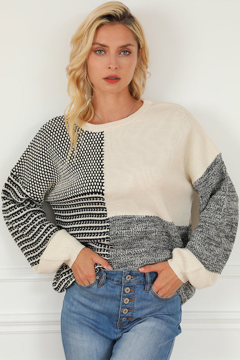 Mixed Stitch Texture Relaxed Fit Pullover Sweater