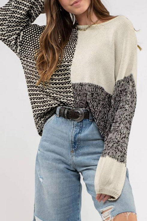 Mixed Stitch Texture Relaxed Fit Pullover Sweater