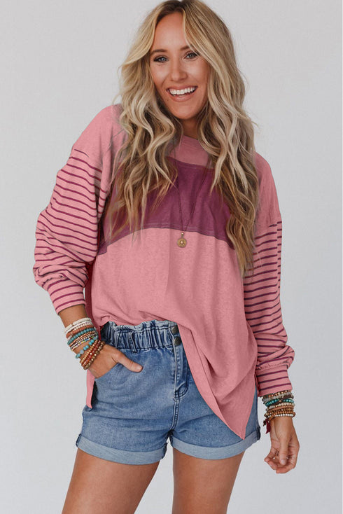 Mixed Stripe Bishop Sleeve Relaxed Fit Top