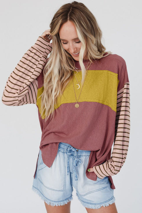 Mixed Stripe Bishop Sleeve Relaxed Fit Top
