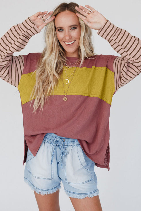 Mixed Stripe Bishop Sleeve Relaxed Fit Top