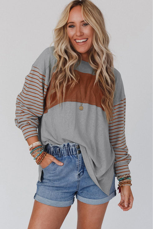 Mixed Stripe Bishop Sleeve Relaxed Fit Top