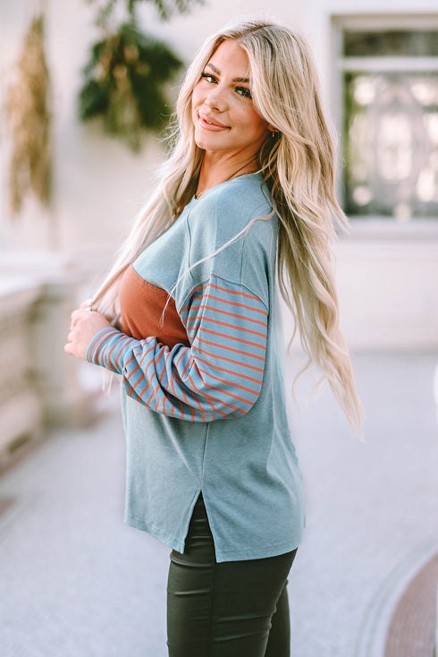 Mixed Stripe Bishop Sleeve Relaxed Fit Top