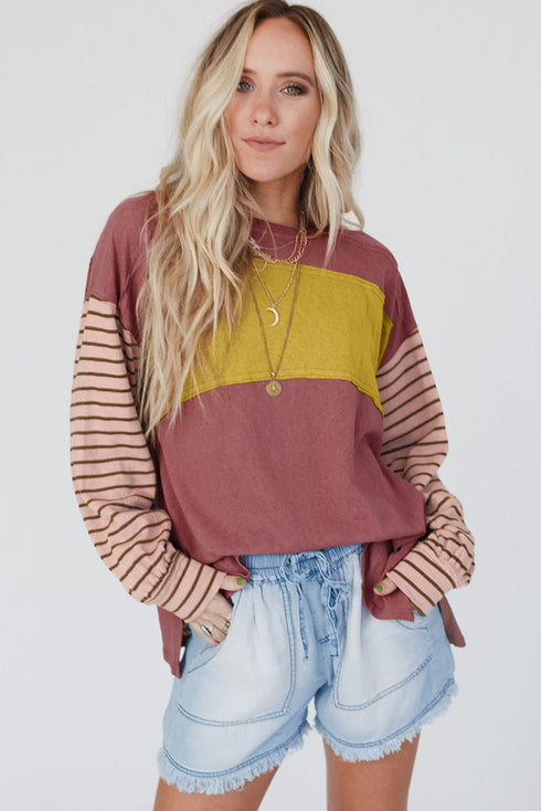 Mixed Stripe Bishop Sleeve Relaxed Fit Top