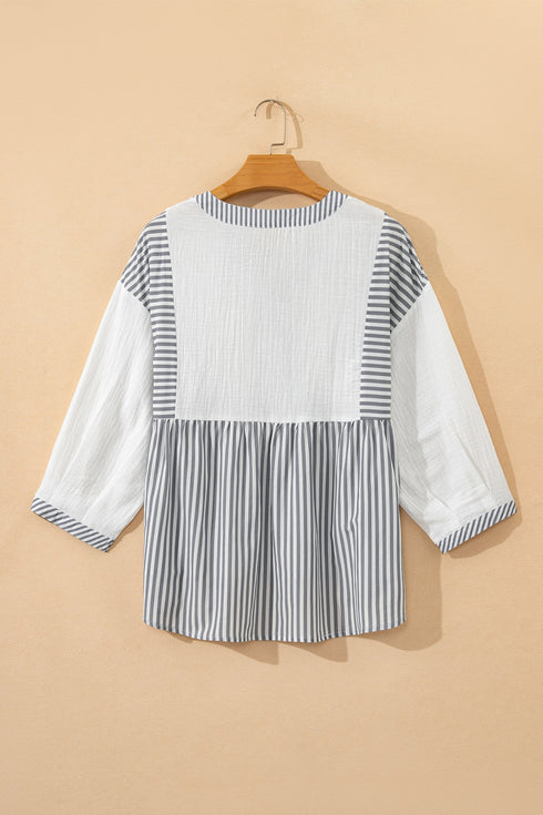 Mixed Stripe Cotton Gauze Button Front Babydoll Blouse