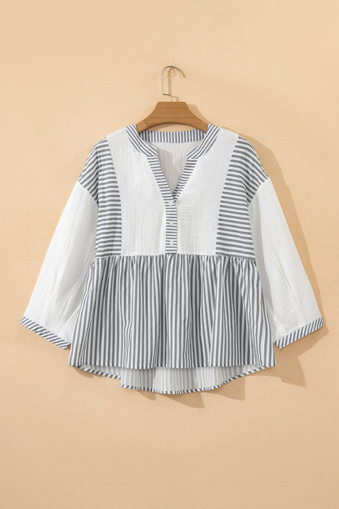 Mixed Stripe Cotton Gauze Button Front Babydoll Blouse