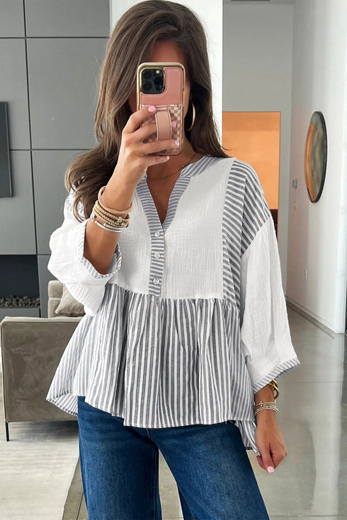 Mixed Stripe Cotton Gauze Button Front Babydoll Blouse