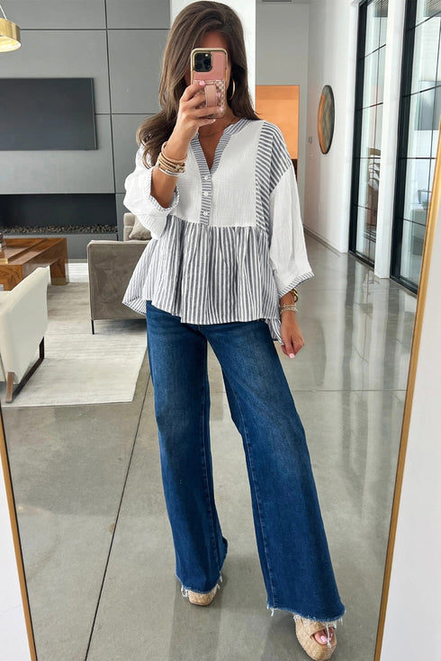 Mixed Stripe Cotton Gauze Button Front Babydoll Blouse