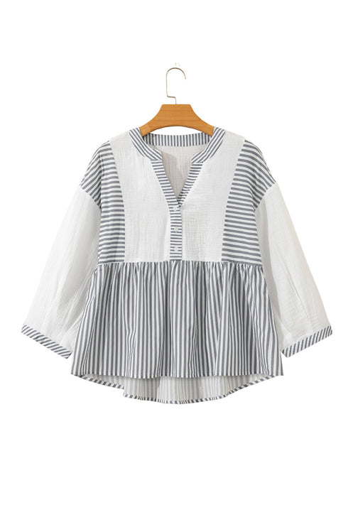 Mixed Stripe Cotton Gauze Button Front Babydoll Blouse