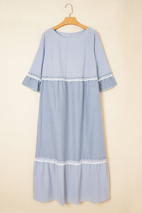 Mixed Stripe Patchwork Crisscross Lace Detail Shift Maxi Dress
