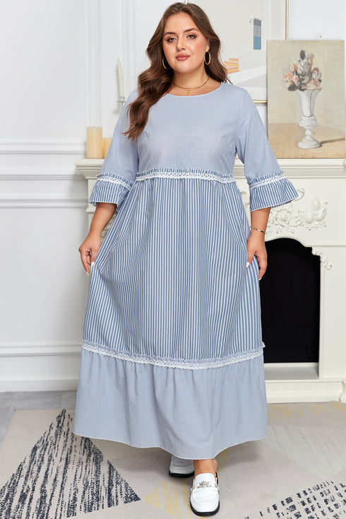 Mixed Stripe Patchwork Crisscross Lace Detail Shift Maxi Dress