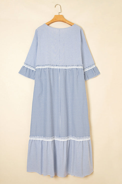 Mixed Stripe Patchwork Crisscross Lace Detail Shift Maxi Dress