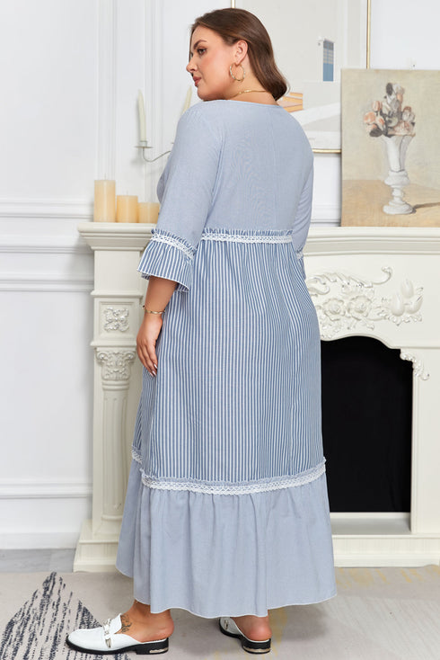 Mixed Stripe Patchwork Crisscross Lace Detail Shift Maxi Dress