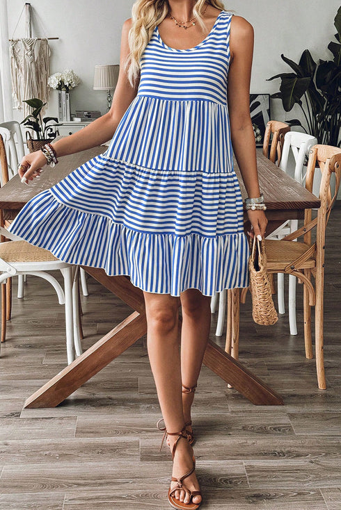 Mixed Stripe Print Sleeveless Tiered Loose Fit Casual Mini Tank Dress