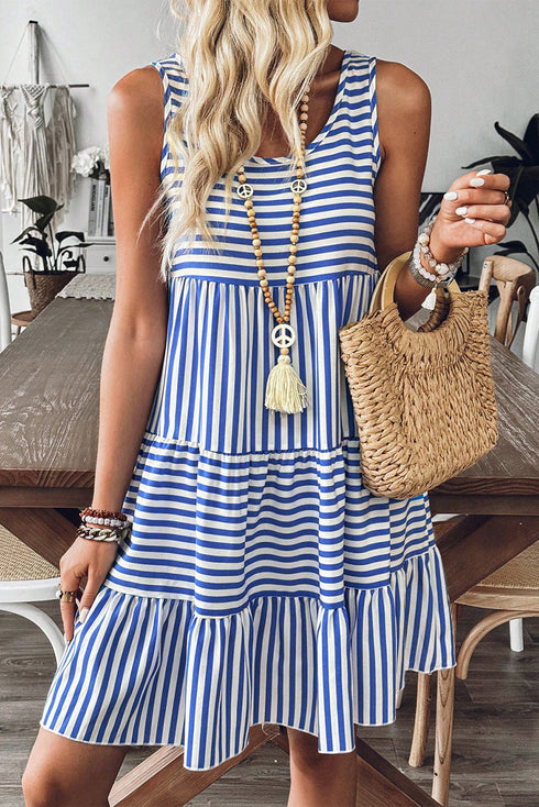 Mixed Stripe Print Sleeveless Tiered Loose Fit Casual Mini Tank Dress
