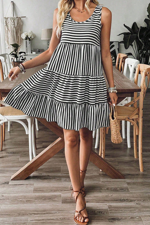 Mixed Stripe Print Sleeveless Tiered Loose Fit Casual Mini Tank Dress