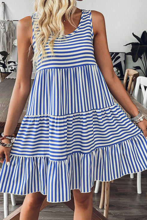 Mixed Stripe Print Sleeveless Tiered Loose Fit Casual Mini Tank Dress